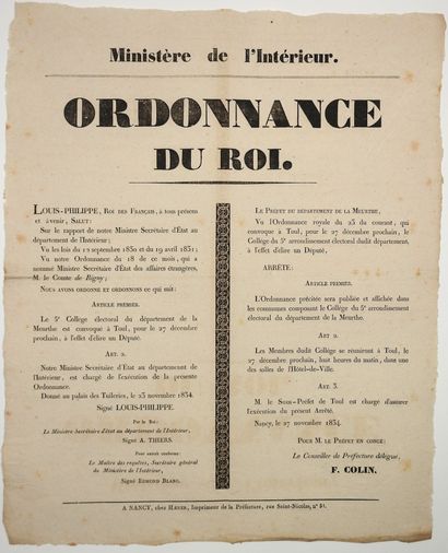 null MEURTHE. NANCY (54). 2 Posters on the ELECTIONS of 1834: Orders of King LOUIS-PHILIPPE...
