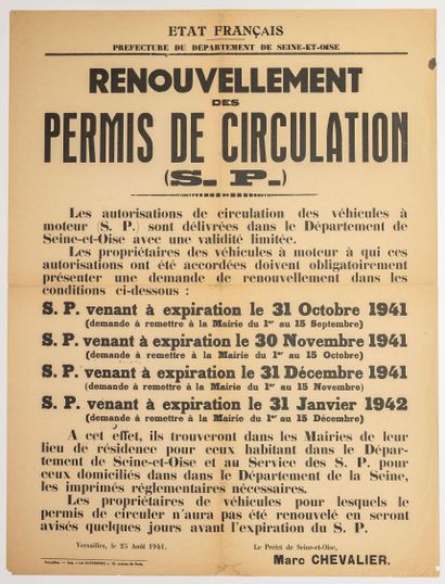 null GUERRE 1939/1945. ÉTAT FRANÇAIS. SEINE-ET-OISE : “Renouvellement des PERMIS...