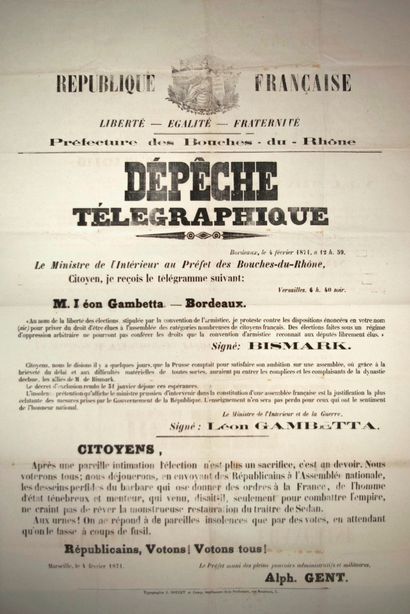 null GUERRE DE 1870/71. Dépêche télégraphique de Bordeaux le 4 Février 1871. Protestation...