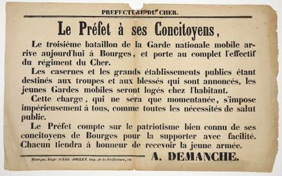 null CHER. 1870. 2 Affiches du Préfet A. DEMANCHE, à ses Concitoyens – Impr. à BOURGES,...