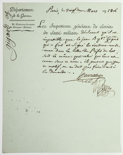 null LARREY. Declaration signed by the Surgeons Dominique-Jean LARREY and Nicolas...