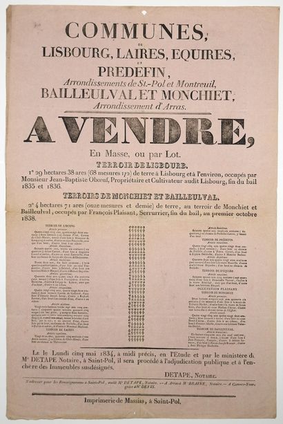 null PAS-DE-CALAIS. Sale by public auction on May 5, 1834, by the Ministry of Me...
