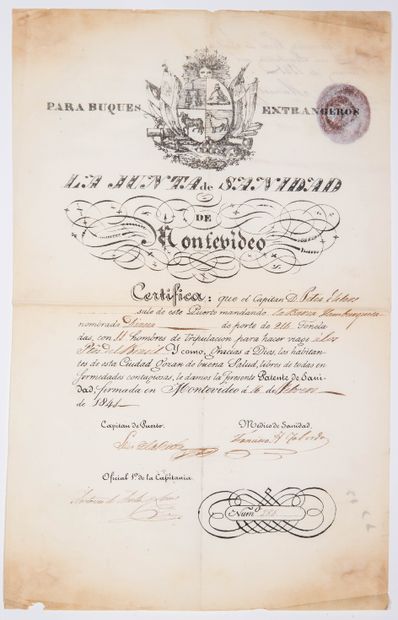 null URUGUAY. PATENT OF HEALTH issued by the Port of MONTEVIDEO to go to BRAZIL,...