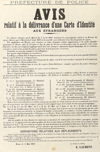 null PARIS, 8 Mai 1917. Préfecture de POLICE – Avis du Préfet de Police E. LAURENT,...
