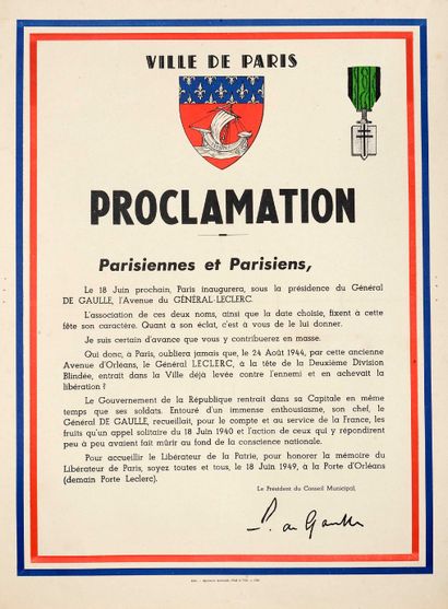 null PARIS 18 JUIN 1949 (Avenue du GÉNÉRAL LECLERC) - Proclamation de la Ville de...