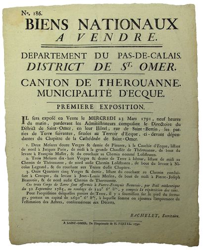 null PAS-DE-CALAIS. 1791. BIENS NATIONAUX à vendre. N°186. Canton de THEROUANNE....