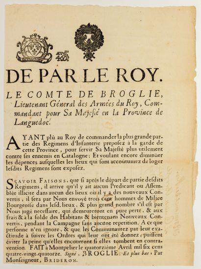 null MARÉCHAL COMTE DE BROGLIE. 1694 Guerre en CATALOGNE et contre les CAMISARDS...