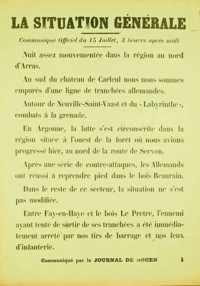 null (1915) « LA SITUATION GÉNÉRALE du 15 Juillet, 3 heures après midi. » Communiqué...