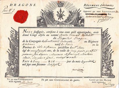 null RÉGIMENT D'ORLÉANS DRAGONS - Military leave for HUBERT dit D'AGNILA DRAGON of...