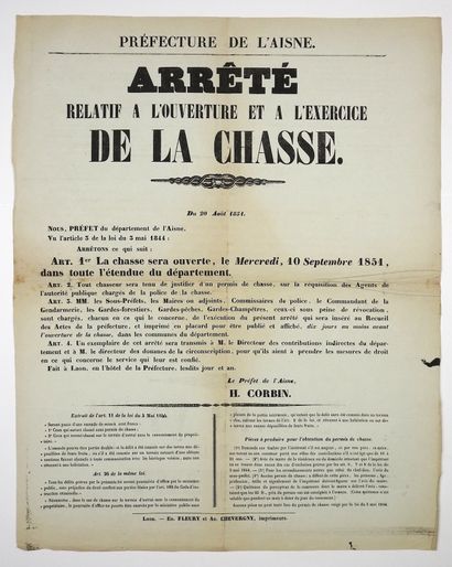 null AISNE. 1851. HUNTING. "Decree relating to the opening and the exercise of the...