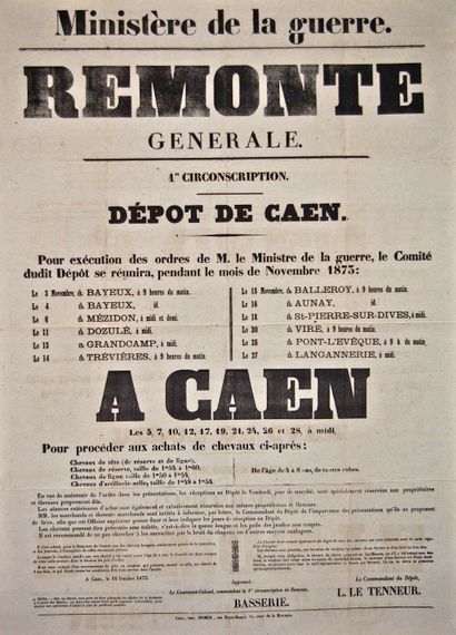 null CALVADOS. CAEN. PURCHASE OF HORSES. 1873. "GENERAL SURVEY. 1st district. Depot...