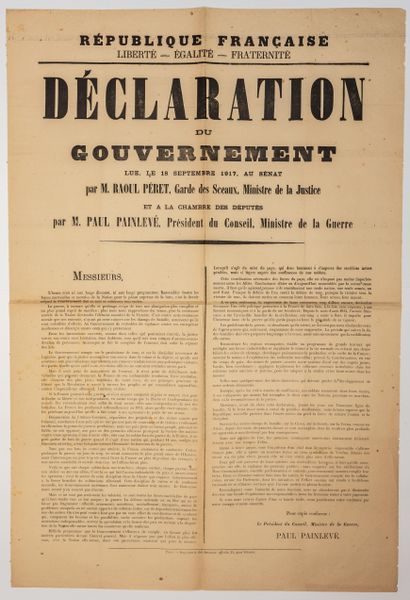null SÉNAT. « DÉCLARATION du GOUVERNEMENT lue, le 18 sept 1917, au Sénat par M. Raoul...