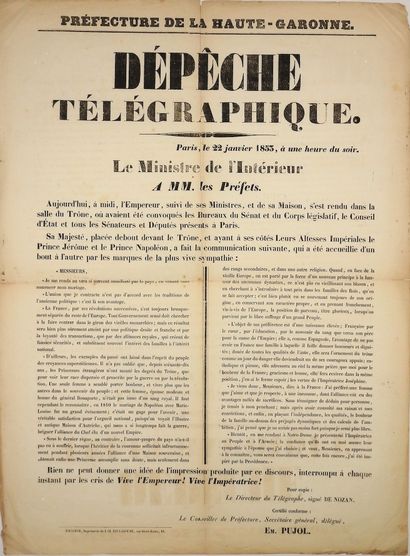 null MARRIAGE OF EMPEROR NAPOLEON III. 2 Posters printed in TOULOUSE, HAUTE-GARONNE,...