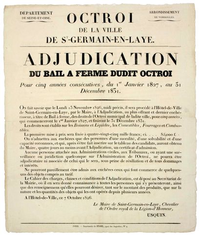 null YVELINES. 1826. "OCTROI of the City of ST-GERMAIN-EN-LAYE." - "Adjudication...