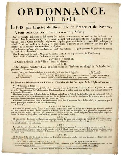 null FINISTÈRE. 1820. TROUBLES à BREST (29) - Ordonnance du Roi, sur le compte qui...