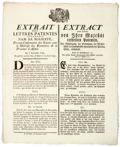 null HOSIERY OF ALSACE. 1741. COLMAR (68) - "Extract of the Letters patent granted...