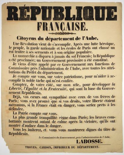 null (AUBE. RÉVOLUTION DE FÉVRIER 1848). « RÉPUBLIQUE FRANÇAISE. Citoyens du Département...