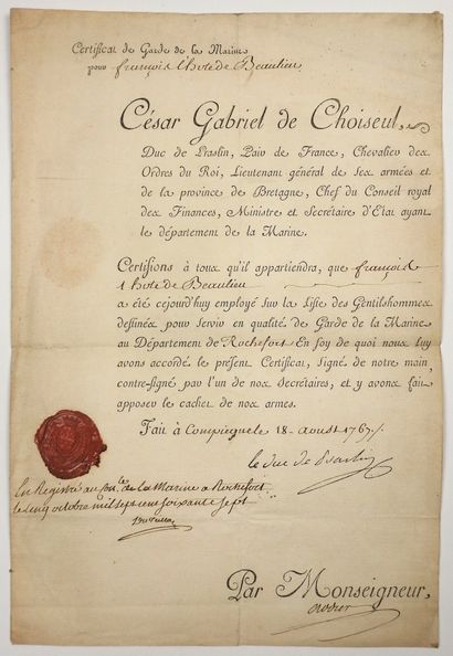 null MARINE. 1767. ROCHEFORT (17) - Certificate of Guard of the Navy for François...