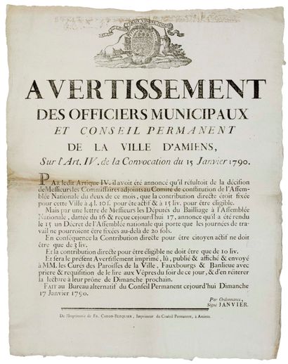 null SOMME. 1790. ACTIVE CITIZEN. "Warning of the Municipal Officers and PERMANENT...