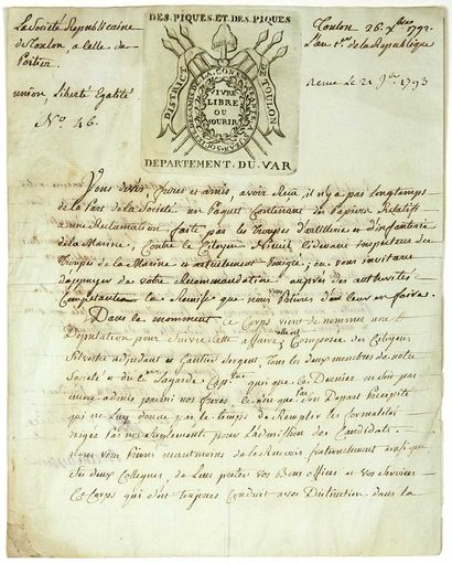 null SOCIÉTÉ RÉPUBLICAINE DE TOULON (VAR). Lettre signée des membres du Comité de...