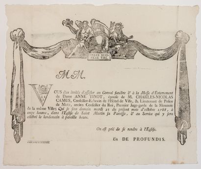 null METZ (MOSELLE) 4 Placards mortuaires in-plano (1788 - 1816). Qq. défauts : «...