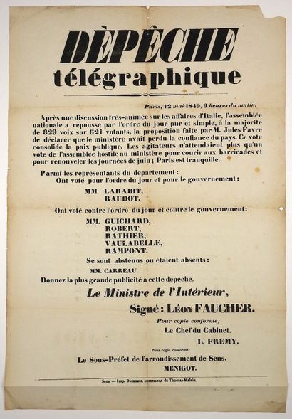 null YONNE. DÉPÊCHE TÉLÉGRAPHIQUE signé Léon FAUCHER Ministre de l'Intérieur - Paris,...
