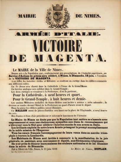 null GARD. "VICTORY OF MAGENTA". Notice from the Mayor of NÎMES M. DUPLAN to the...