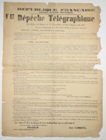 null BALLON. 1870. DÉPÊCHE TÉLÉGRAPHIQUE N°83 – Circulaire de TOURS, reçue à DUNKERQUE...