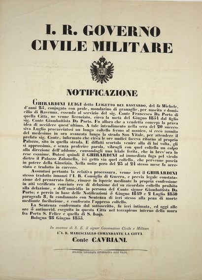 null (ITALIE) BOLOGNE 28 juin 1855. PEINE DE MORT FUSILLÉ – « I.R. GOVERNO CIVILE...