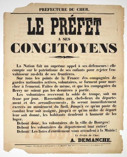 CHER. 1870. 2 Affiches du Préfet A. DEMANCHE,...