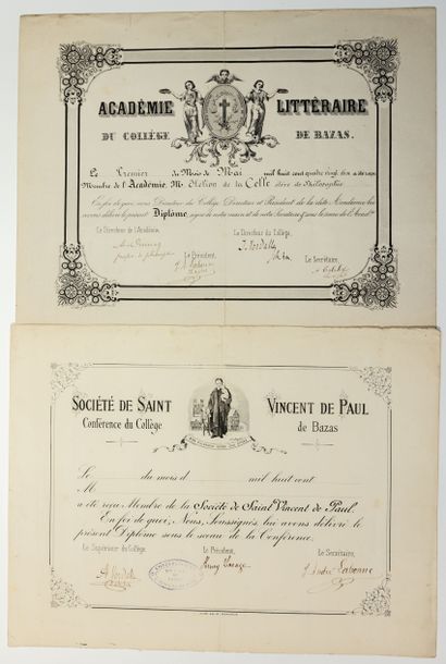 null GIRONDE. Two Diplomas of the College of BAZAS : 1) Diploma of member of the...