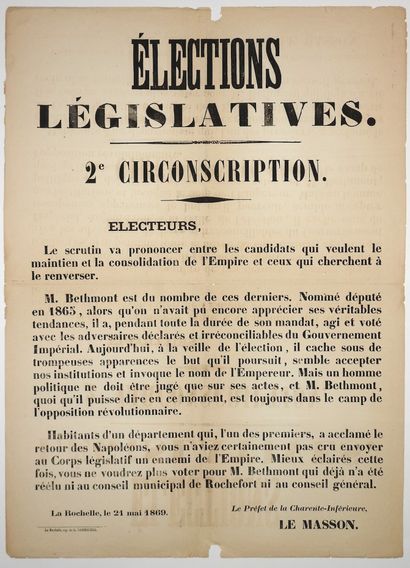 null CHARENTE-MARITIME. 3 Affiches sur les Élections de 1869 : LA ROCHELLE (17) 15...