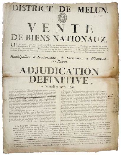 null SEINE ET MARNE. 1791. "DISTRICT OF MELUN. SALE OF NATIONAL GOODS." Municipalities...