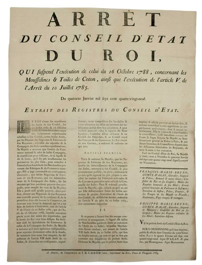 null PICARDIE. SOMME. 1789. TOILES DE LA COMPAGNIE DES INDES – Arrêt du Conseil d’État...