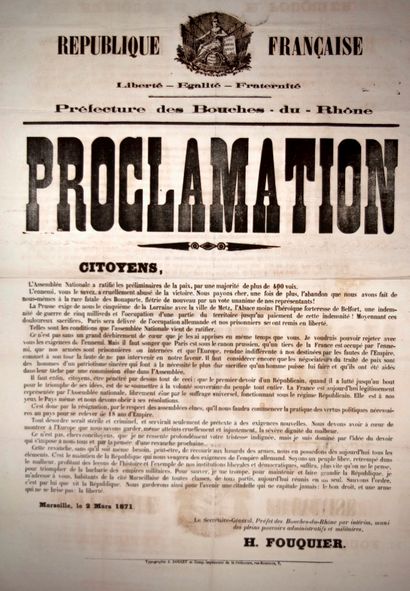 null WAR OF 1870/71. MARSEILLE (13) March 2, 1871. PROCLAMATION of H. FOUQUIER Prefect...