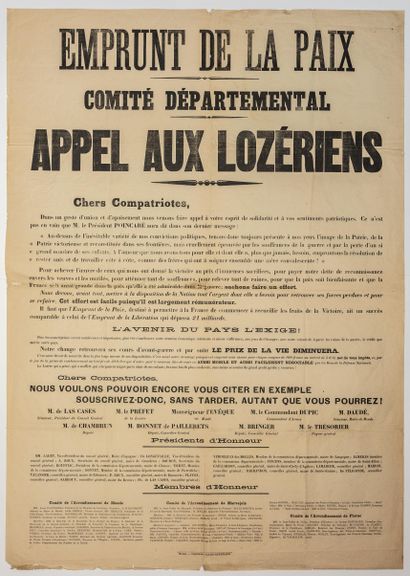 null « EMPRUNT DE LA PAIX. APPEL AUX LOZÉRIENS. » 1919. Comité départemental. « Chers...