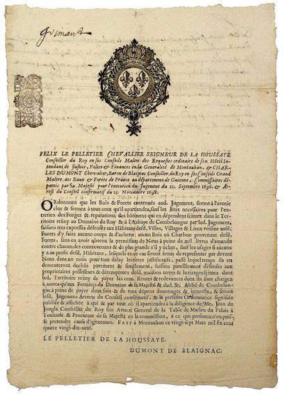 null GUIENNE. 1699 - “Félix LE PELLETIER Chevalier Seigneur de LA HOUSSAYE Intendant...