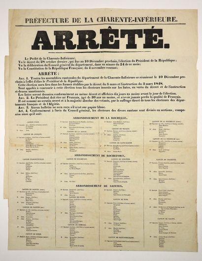 null CHARENTE-MARITIME. ÉLECTION PRÉSIDENTIELLE DE 1848 – Arrêté du préfet WISSOCQ...