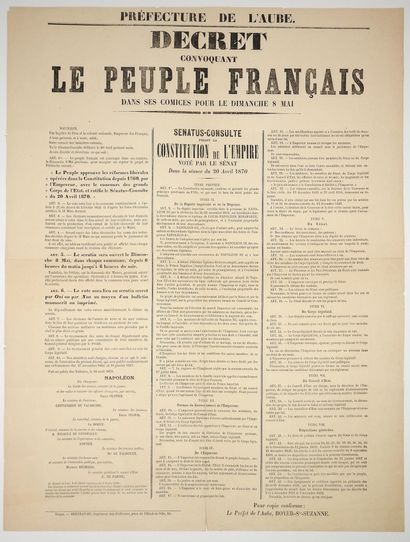 null AUBE. SÉNAT. LA CONSTITUTION DE L'EMPIRE de 1870 « Décret convoquant le Peuple...