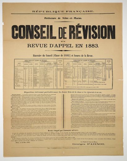 null SEINE-ET-MARNE. 1883. « CONSEIL DE RÉVISION et revue d’appel en 1883 » (Lieux...