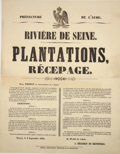 null AUBE. NAVIGATION. "RIVIÈRE DE SEINE. PLANTATIONS, RECÉPAGE" Arrêté du Préfet...