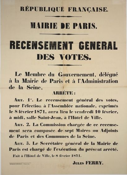 null “MAIRIE DE PARIS” - RECENSEMENT GÉNÉRAL DES VOTES DU 8 FÉVRIER 1871 – Arrêté...