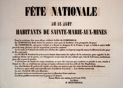null HAUT-RHIN. SAINTE-MARIE-AUX-MINES le 12 Août 1854. Avis du Maire H. PETITDIDIER,...