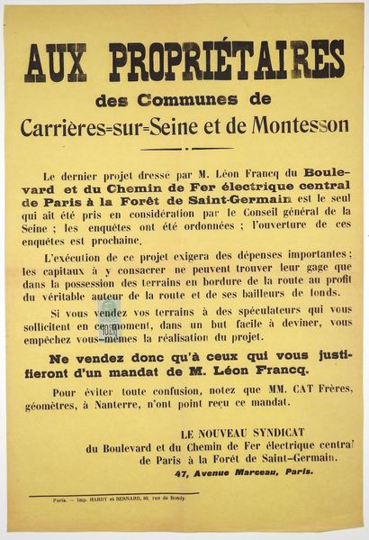 null YVELINES. "To the Owners of the Communes of Carrières-sur-Seine and Montesson"...