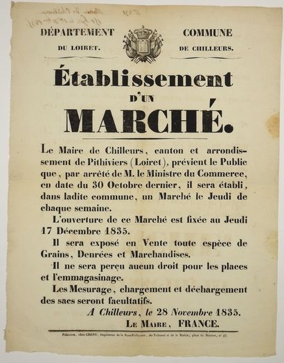 null LOIRET. 1835. Commune of CHILLEURS - "Establishment of a MARKET. ... on Thursday...