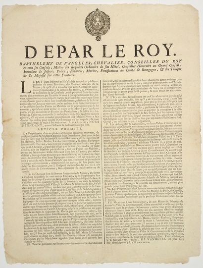 null DOUBS. 1737. HORSE DISEASE - From King LOUIS XV, decree of Barthélémy DE VANOLLES...