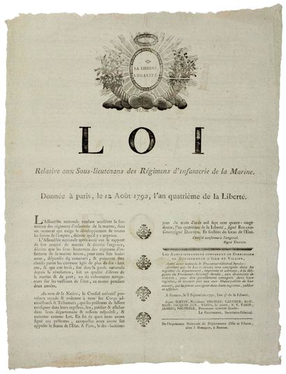 null MARINE. 1792. DANTON. ILLE ET VILAINE: "LOI relative aux Sous-lieutenants de...