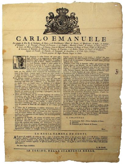 null COMTÉ DE NICE (06). 1777 - Affiche à l’en-tête de CHARLES-EMMANUEL « CARLO EMANUELE...