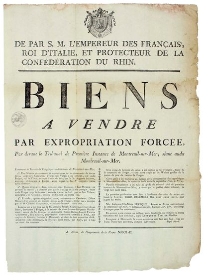 null EMPIRE. 1808. MONTREUIL-SUR-MER (62). Biens à vendre par expropriation forcée,...