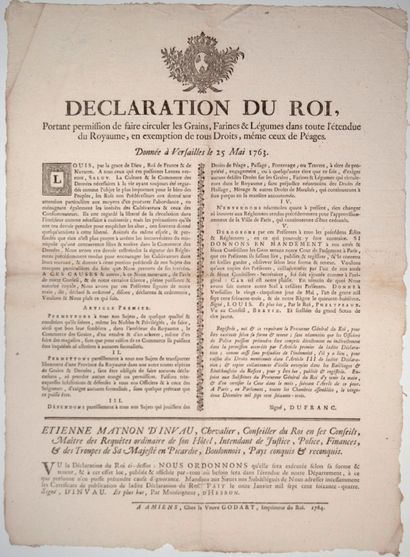 null PICARDIE, BOULONNAIS. Circulation des GRAINS. 1764. « Déclaration du Roi (Louis...